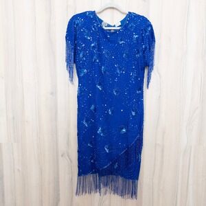VTG Stenay Silk Beaded Dress Size 12 Blue Fringe Art‎ Deco Cocktail Glam Gatsby